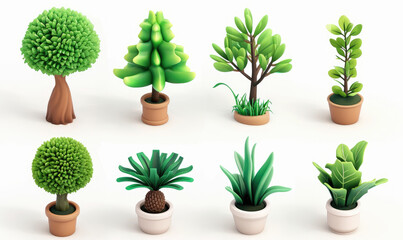 Plant shoot, potted houseplant, tree, grass, 3d cartoon icon set white background