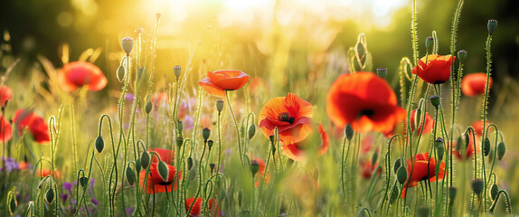 Obraz premium red poppies spring field