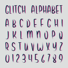Glitch alphabet characters. Set of letters and numbers isolated on grey background. Vector illustration.