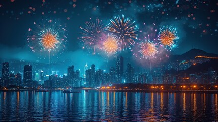 Fototapeta premium Fireworks over the city at night