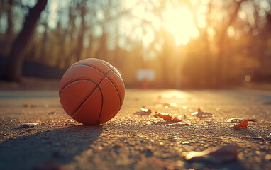 A basketball sits on the ground as the sun shines brightly in the background. - Powered by Adobe
