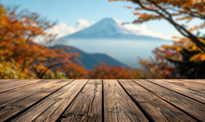 The empty wooden table top with blur background of Mount Fuji. Exuberant image