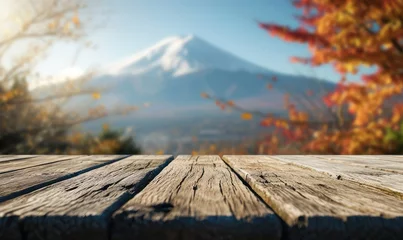 Printed kitchen splashbacks Fuji The empty wooden table top with blur background of Mount Fuji. Exuberant image