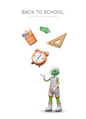 D green humanoid looking at alarm clock, marker, pencil cup, triangular ruler