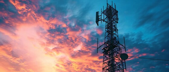 Radio and network tower on the sunset sky background