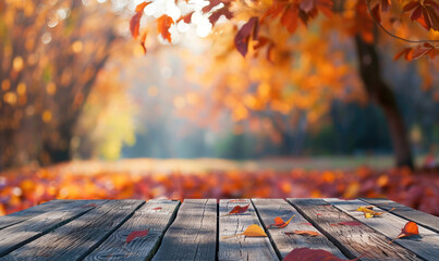 Naklejka na ściany i meble The empty wooden table top with blur background of autumn. Exuberant image