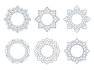 Set of decorative frames Elegant vector element for design in Eastern style, place for text. Floral gray and white borders. Lace illustration for invitations and greeting cards