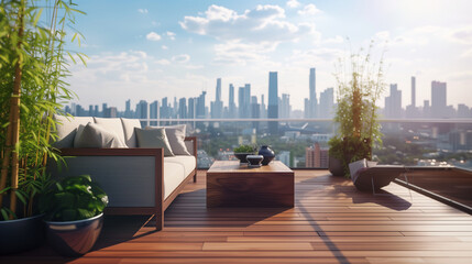 Modern Rooftop Terrace with Wooden Deck and Urban Skyline - Contemporary Outdoor Living and City Lifestyle Concept