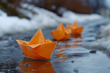paper boats in spring,  boat sailing, paper boats in spring beautiful paper boats, origami, boat at sunset, paper boat floats on the water
