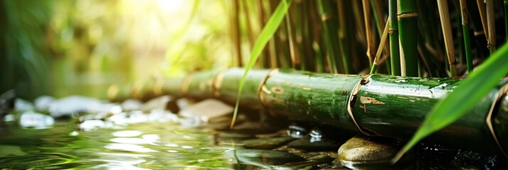 thick bamboo stems sway gently in a river. - obrazy, fototapety, plakaty