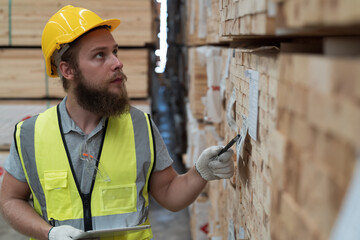 Male warehouse worker using digital tablet checks stock inventory in lumber storage warehouse. Male...