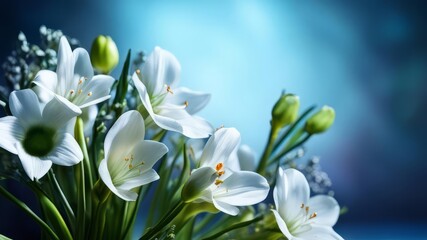 Fototapeta premium A bouquet of delicate white flowers on a dark background with free space.