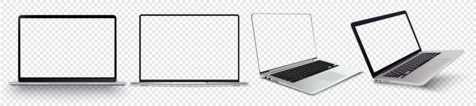 Set of sleek, modern laptops and tablets featuring transparent screen displays, isolated on a white background for easy customization. Variety of Modern Laptops and Tablets up different angles views.
