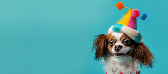 dog wearing birthday hat. Birthday Dog. Happy cute scruffy dog celebrating with birthday party hat, blue background with copy space to side. Funny party dog wearing colorful hat - obrazy, fototapety, plakaty