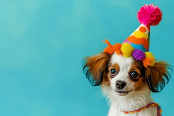Foto op Plexiglas dog wearing birthday hat. Birthday Dog. Happy cute scruffy dog celebrating with birthday party hat, blue background with copy space to side. Funny party dog wearing colorful hat © Nataliia_Trushchenko