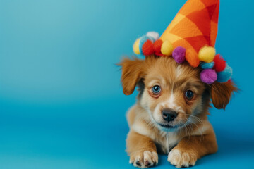 dog wearing birthday hat. Birthday Dog. Happy cute scruffy dog celebrating with birthday party hat, blue background with copy space to side. Funny party dog wearing colorful hat