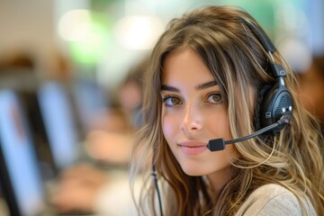 Woman call center worker in headphones for help and advice. Generative AI