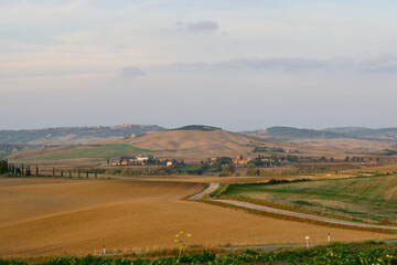 Fototapeta na wymiar A panoramic view over the hills of Tuscany in autumn, Italy.