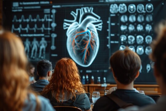 An audience observes a detailed heart anatomy display, showcasing a cardiologist's educational seminar, with focus on the enlightening digital heart model.