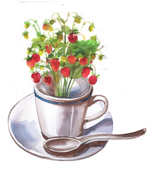 Fruit tea painting isolated on a white background.Vintage cup with strawberrires illustration. Retro mug design. Hot drink clipart. Calming herbal tea clipart.
