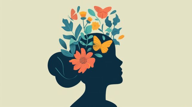 person silhouette with flowers around the head, positive thinking concept, focused mind.