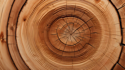 A close-up image of warm-toned cut wood, showing detailed tree rings and the cross-section of a tree trunk.