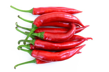 Chilli red peppers in line isolated on white background. Bunch of Long red hot peppers, aligned....