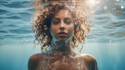 Woman With Curly Hair Standing Underwater - Powered by Adobe