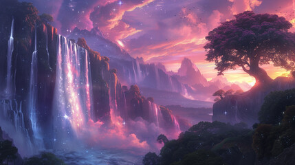 A vibrant fantasy world where waterfalls flow upwards trees sparkle under the twilight and unicorns prance around - obrazy, fototapety, plakaty
