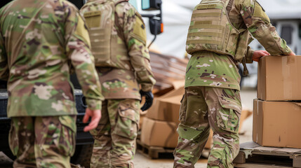 Cropped photo of a soldiers work unloading and redistributing ammunition. Military supplies. The camaraderie of soldiers working together to resupply their comrades.