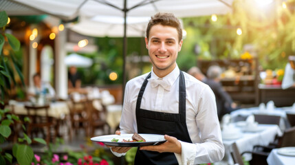 Smiling restaurant waiter is serving dishes on summer restaurant patio - obrazy, fototapety, plakaty