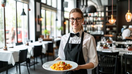 Friendly smiling waitress with a dish in restaurant setting