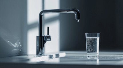 Liquid Vitality: A Glistening Faucet Filling a Glass with Clean, Potable Water - Embodying the Concept of Health and Hydration