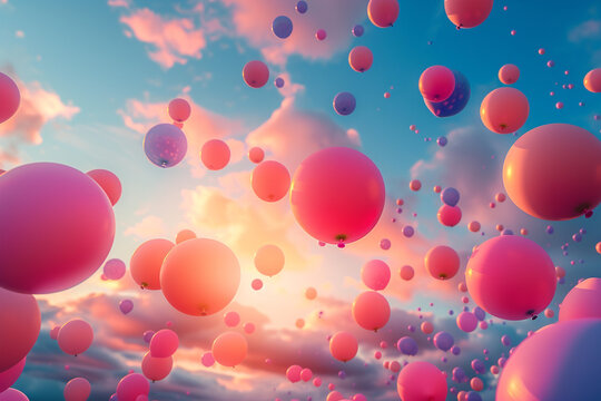 Balloons in different sizes shapes and colors floating amicably against the backdrop of a setting sun