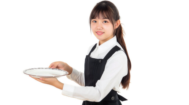 Asian restaurant waitress with empty plate isolated on white background