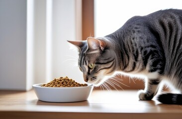 Cat dry food in white plate,gray cat eating food in white kitchen,concept,green eyes,close-up