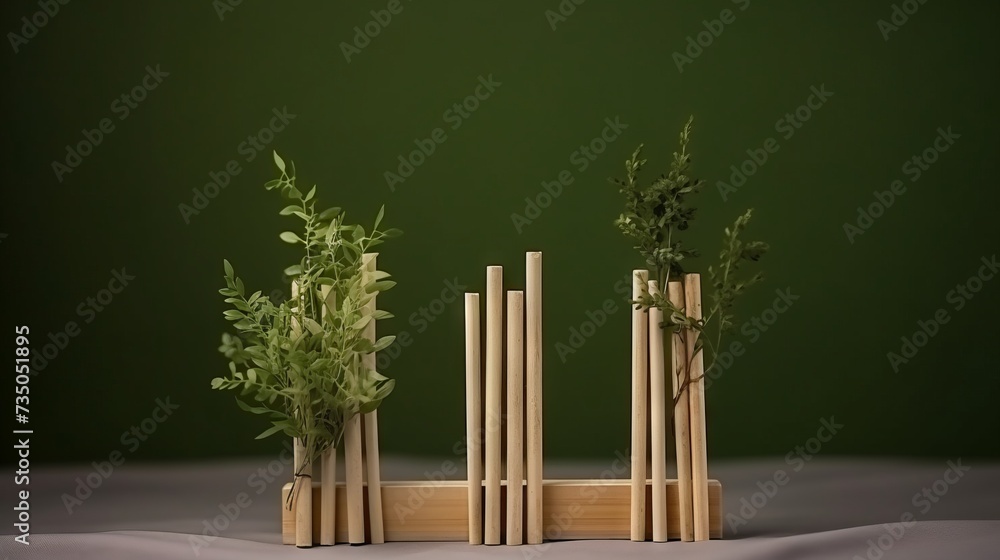 Poster Minimalistic wooden branches with a green twig for the presentation of natural products and cosmetics, eco-branding on a green background.