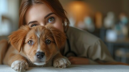 Female veterinarian with puppy