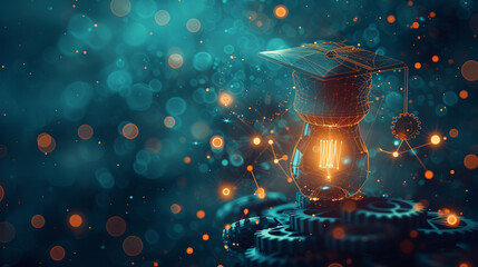 Education concept as a polygonal shape with gears and lamps - obrazy, fototapety, plakaty