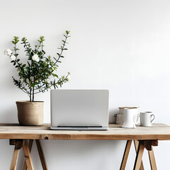 A home office setup with a laptop, a potted plant, and a coffee cup on a minimalist desk isolated on white background, minimalism, png

