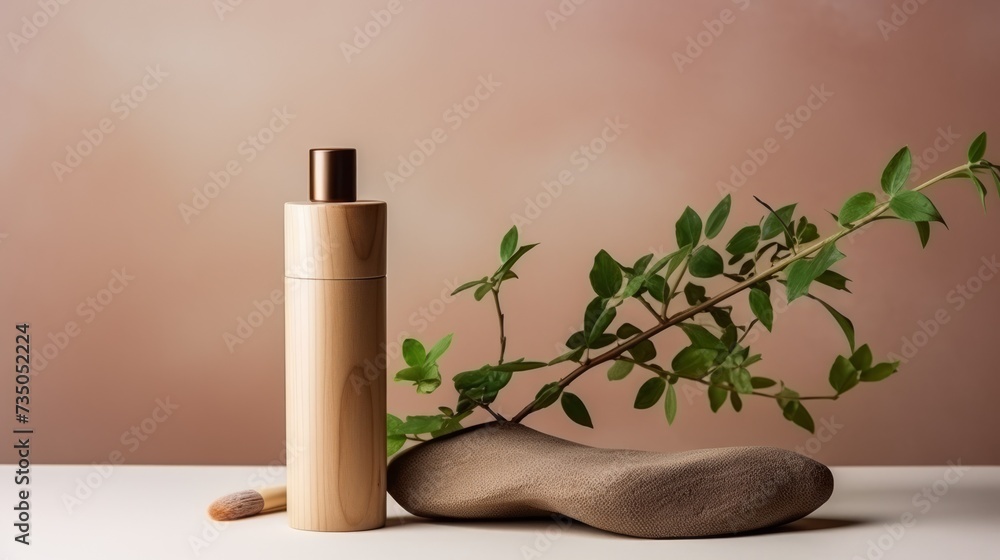 Poster Presentation of eco-friendly products, cosmetics on a pink background with a green twig of a plant.