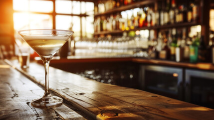 Martini cocktail on bar counter, sunset light - obrazy, fototapety, plakaty