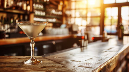 Fototapeta na wymiar Martini cocktail on bar counter, sunset light