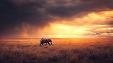 Big elephant in savannah, sunset light, dramatic sky, coming rain