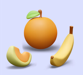 Positive vector poster with realistic fruits. Giant orange, banana, slice of melon