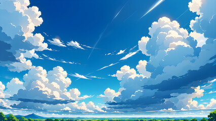 A clean anime-style background depicting a bright blue sky with fluffy white clouds.