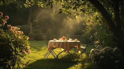 Alfresco dining experience in a vibrant garden at sunset. A perfectly set outdoor table.