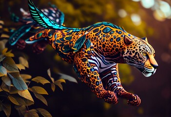 Jaguar con alas volando entre la selva inspirado por el alebrije de la pelicula coco. Generative AI - obrazy, fototapety, plakaty