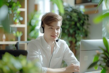 Young, attentive male professional using a headset and laptop in a bright, plant-filled office setting.