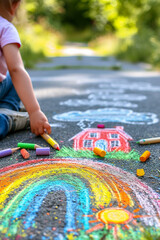 children draw a rainbow and a house with chalk on the asphalt